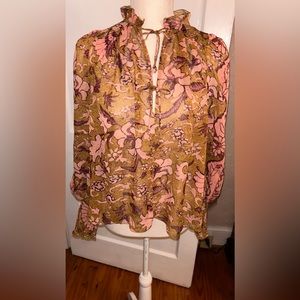 Womens blouse gathered sleeves ties in front sz Sm mustard & burgundy